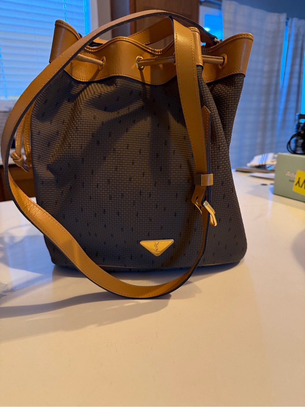 Yves Saint Laurent Gray Multi Canvas Bucket Bag with Tan Leather Trim